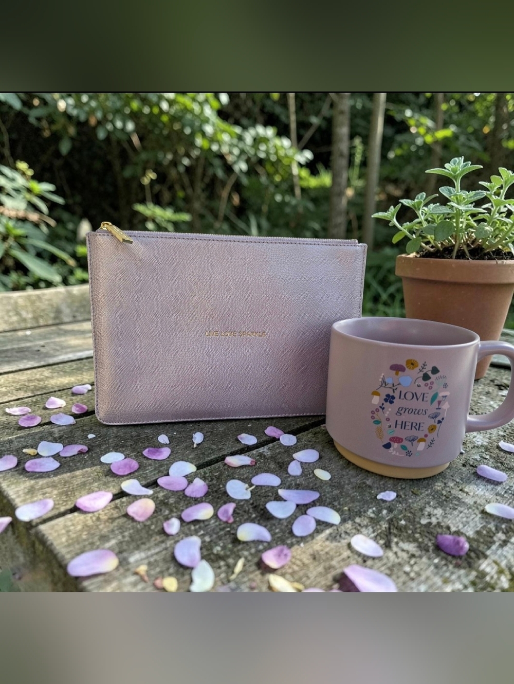 Katie Loxton Metallic "LIVE LOVE SPARKLE" Zip Pouch  & "LOVE GROWS HERE" Mug